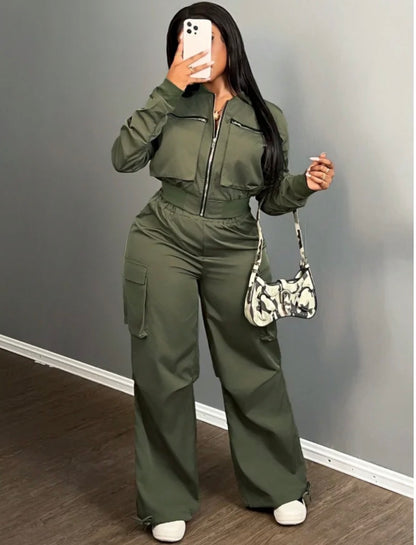 Women’s street stylish green army 2 pc pocket jacket and joggers