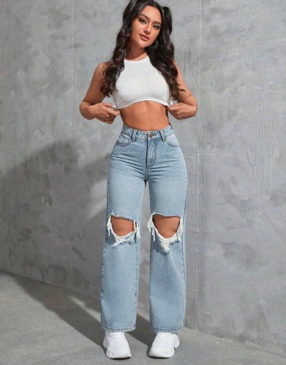 Women’s ripped blue denim pocket loose straight jeans