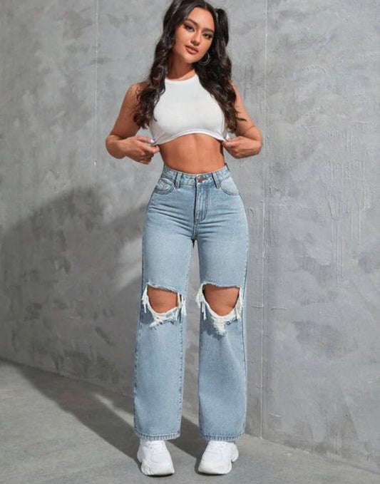 Women’s ripped blue denim pocket loose straight jeans