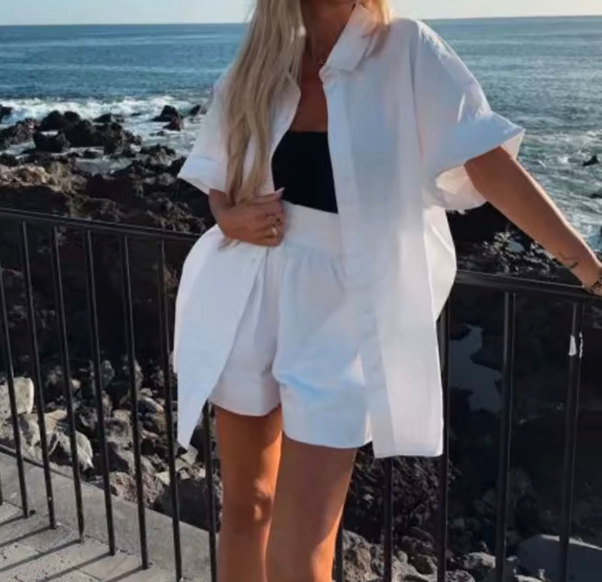 Women’s solid colour 2 pc summer shorts and button shirt