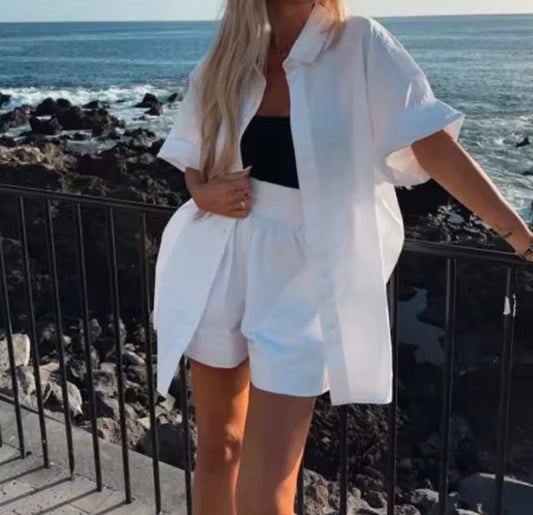 Women’s solid colour 2 pc summer shorts and button shirt