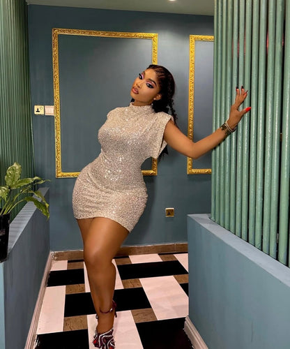 Women’s rhinestone decor sleeveless elegant short outerwear dress