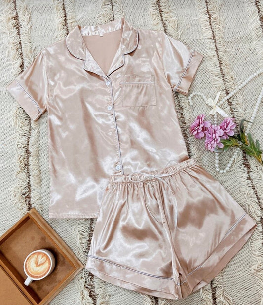 LuxeNights Plus Contrast Piping Satin Pajama Set