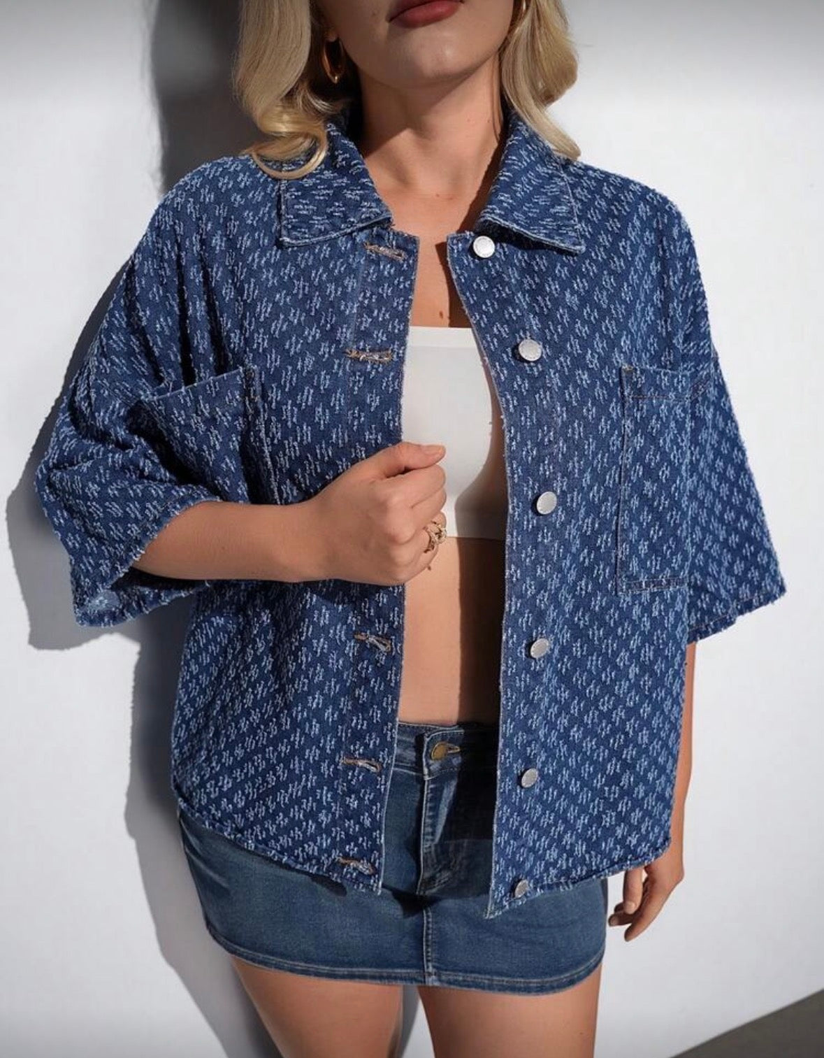Women’s blue pattern button up half sleeve shirt