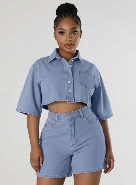 Women’s 2 pc summer short sleeve button shirt and shorts