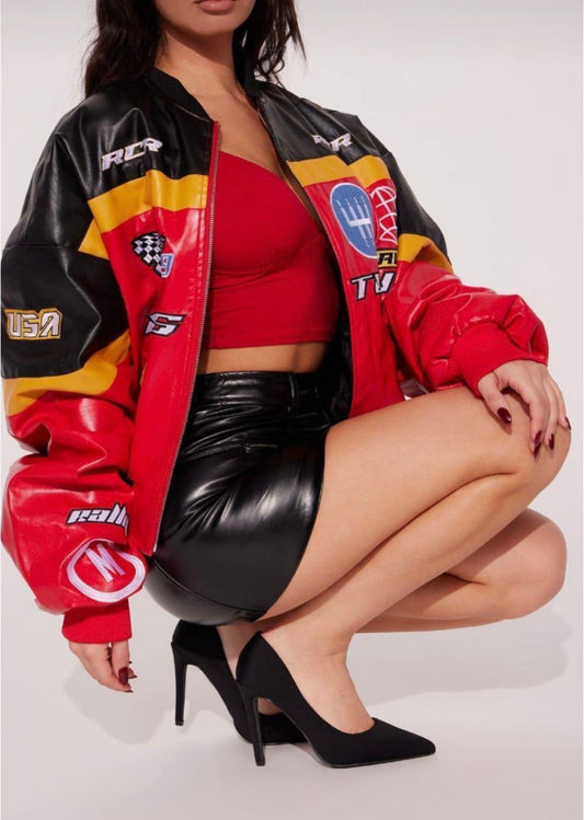 Women’s red leather multi design stylish jacket