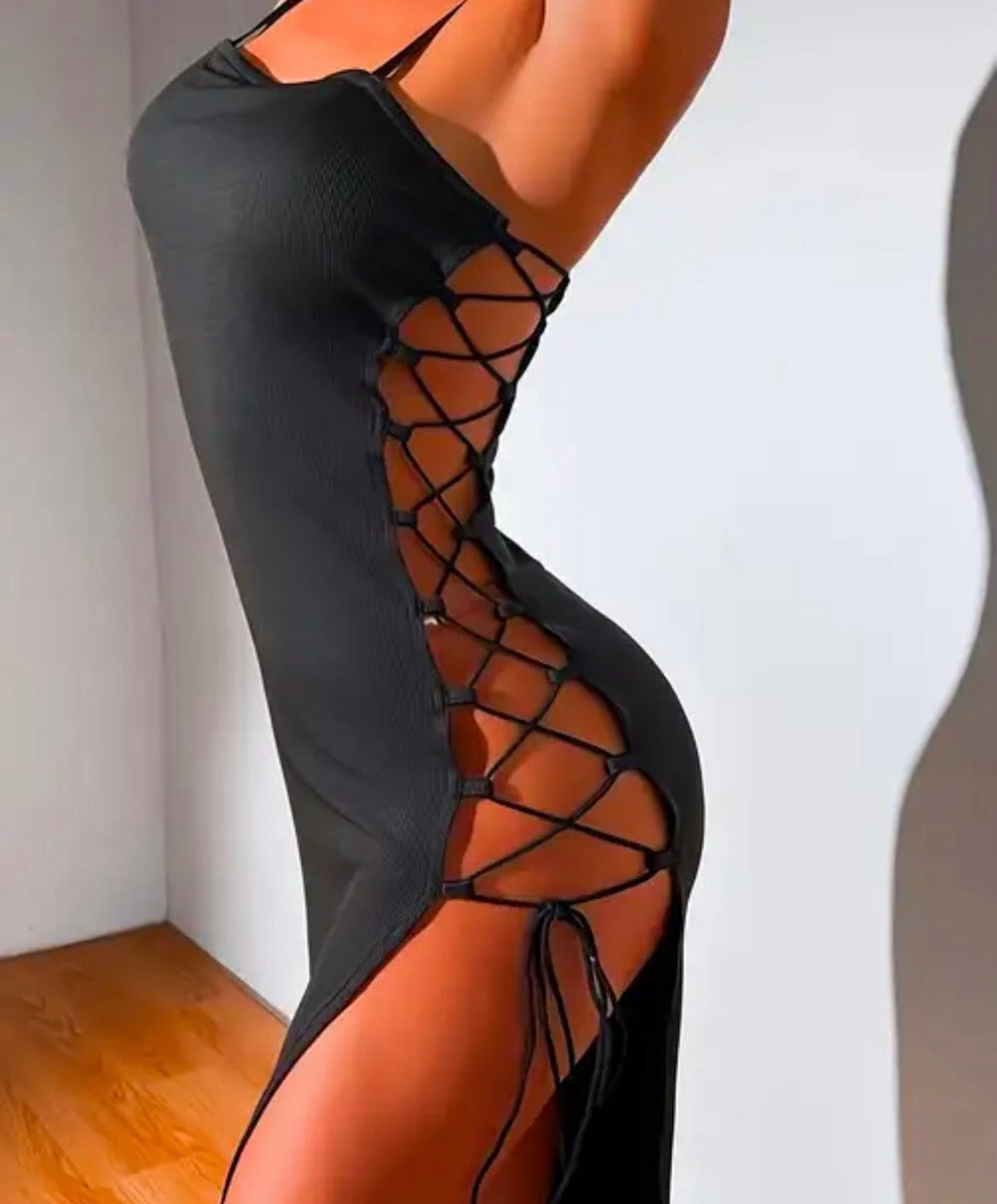 Sexy solid black sleeveless string side dress