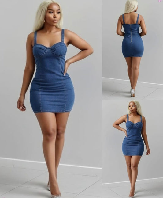 Women’s sleeveless dark wash denim short strap on dress