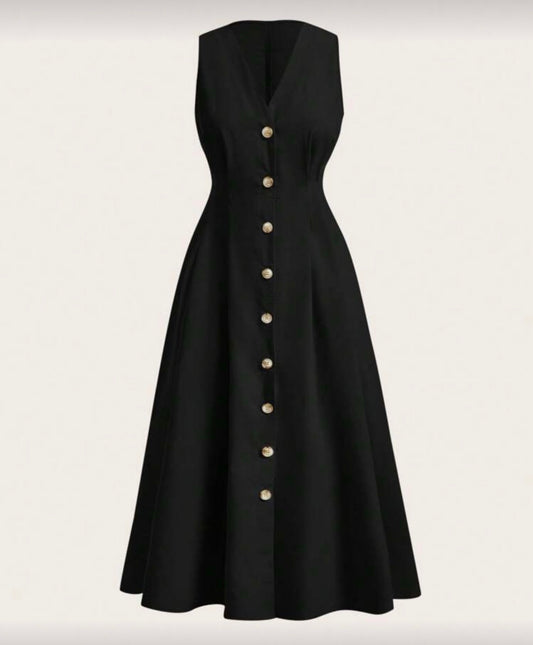 Women’s elegant sleeveless gold metal button long dress