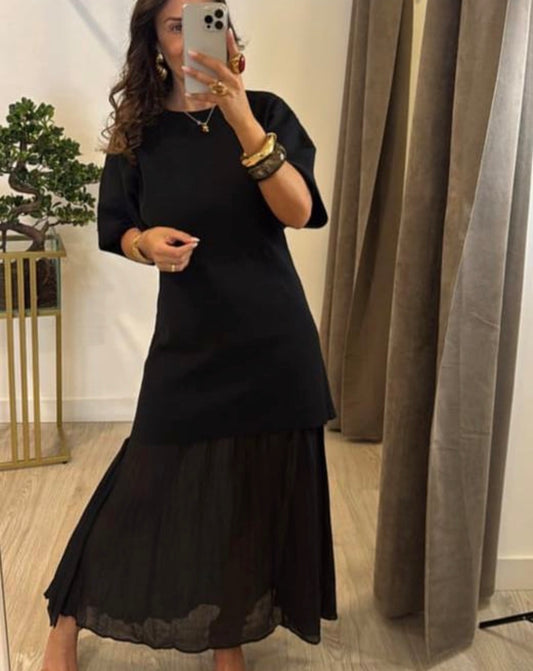 Women’s half sleeve round neck patch work design dress with oversized shirt