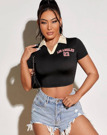 Black cropped collar mini top mid sleeve for women