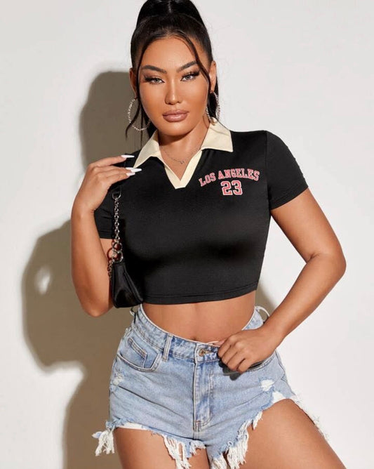 Black cropped collar mini top mid sleeve for women