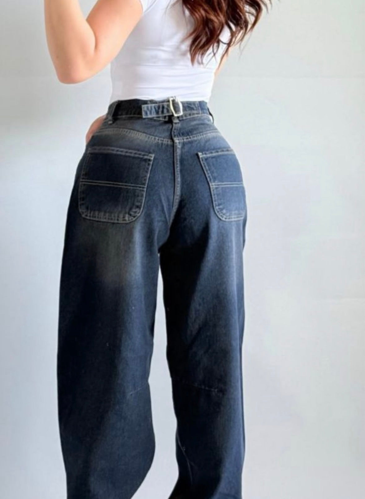 Women’s fit pocket wide loose dark blue washed casual denim jeans