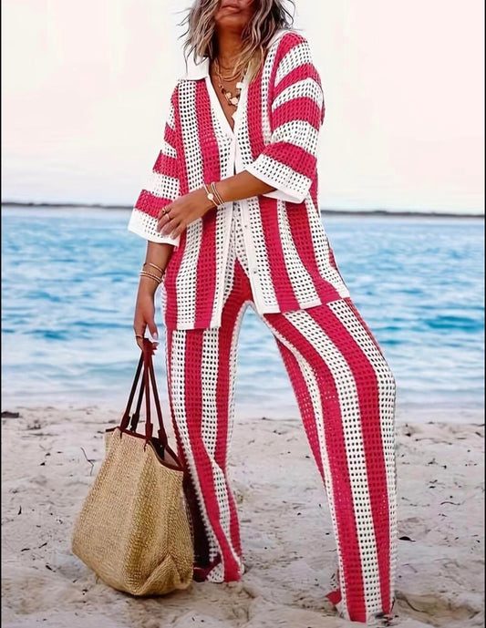 Knit summer striped 2 pc short sleeve shirt and pants for women