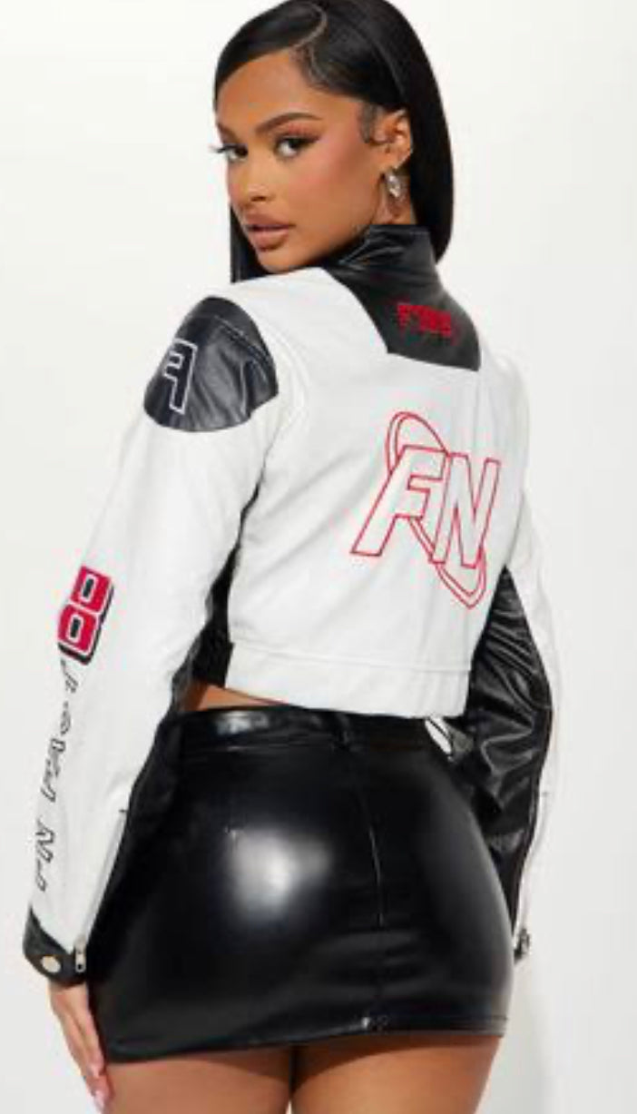 Women’s white printed button leather cropped jacket