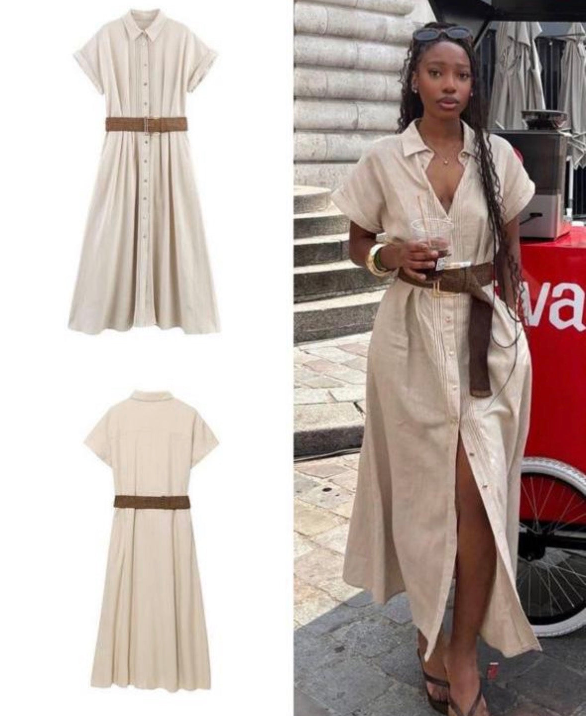 Women’s open leg half sleeve open neck collar long dress with buckle