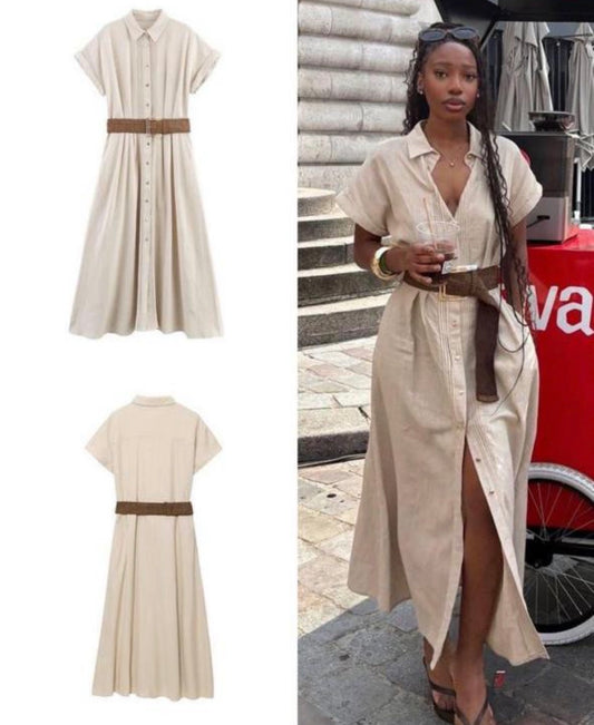 Women’s open leg half sleeve open neck collar long dress with buckle