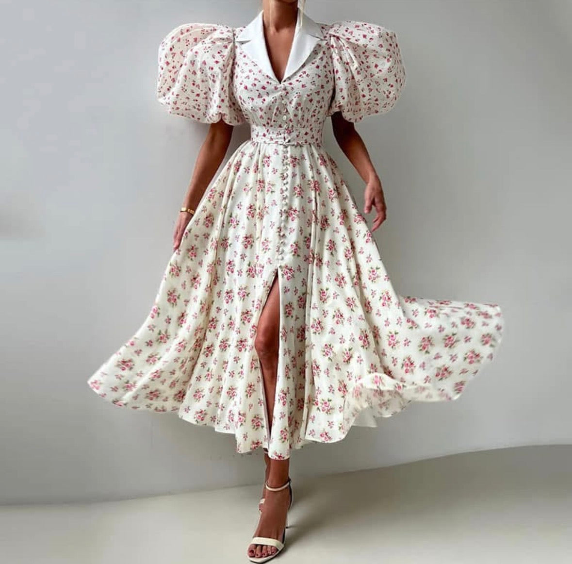 Multi colour floral mid sleeve flower long dress for women