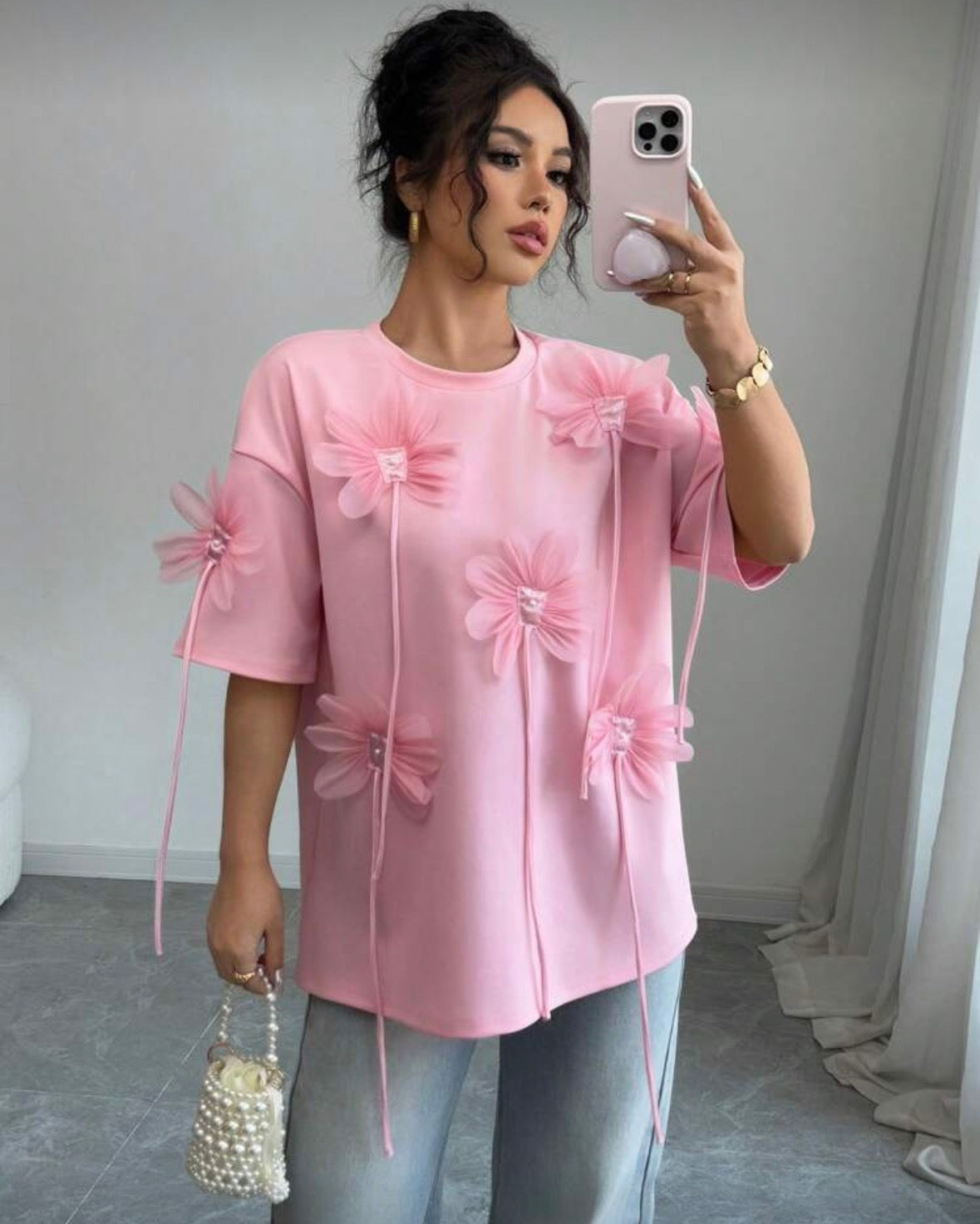 Women's Elegant 3D Floral Print Short Sleeve T-Shirt, Valentine's Day