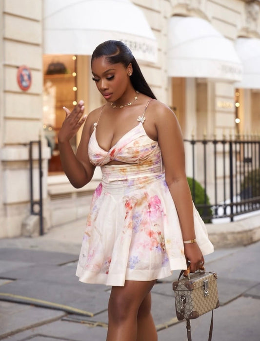 Elegant pick floral sleeveless short mini dress