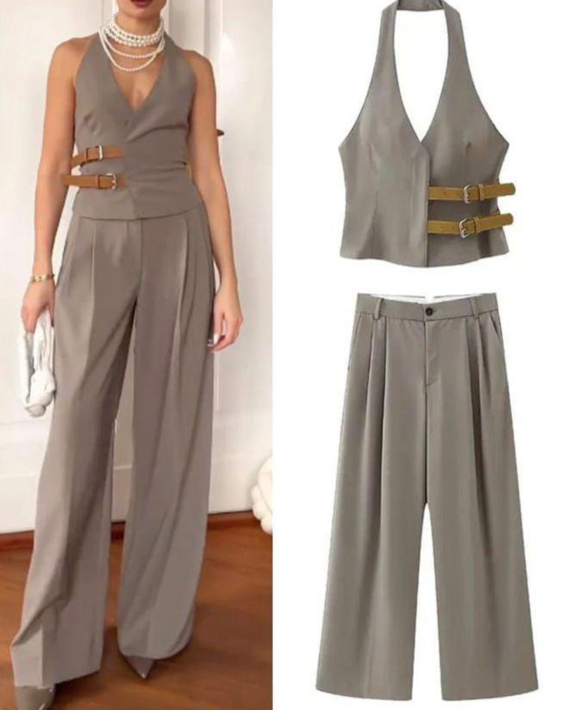 Women’s elegant formal  brown 2 piece vest with brown strap buckle and loose pants