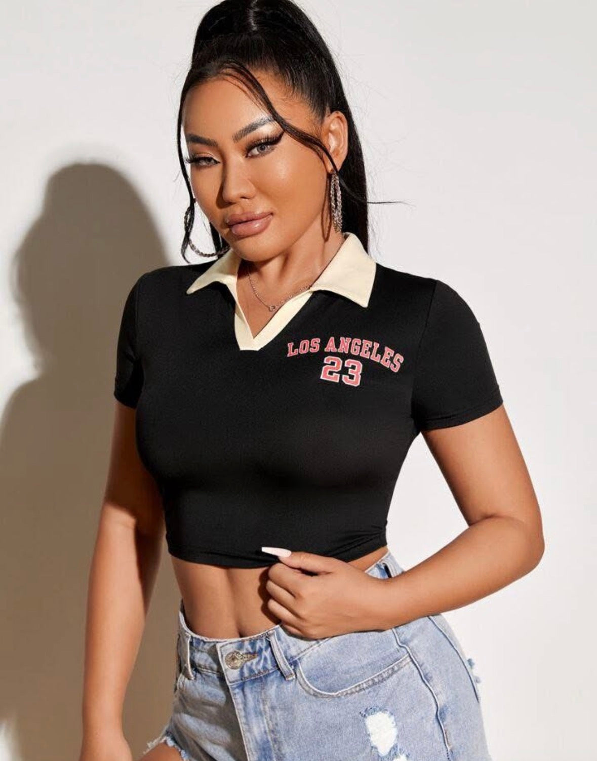 Black cropped collar mini top mid sleeve for women