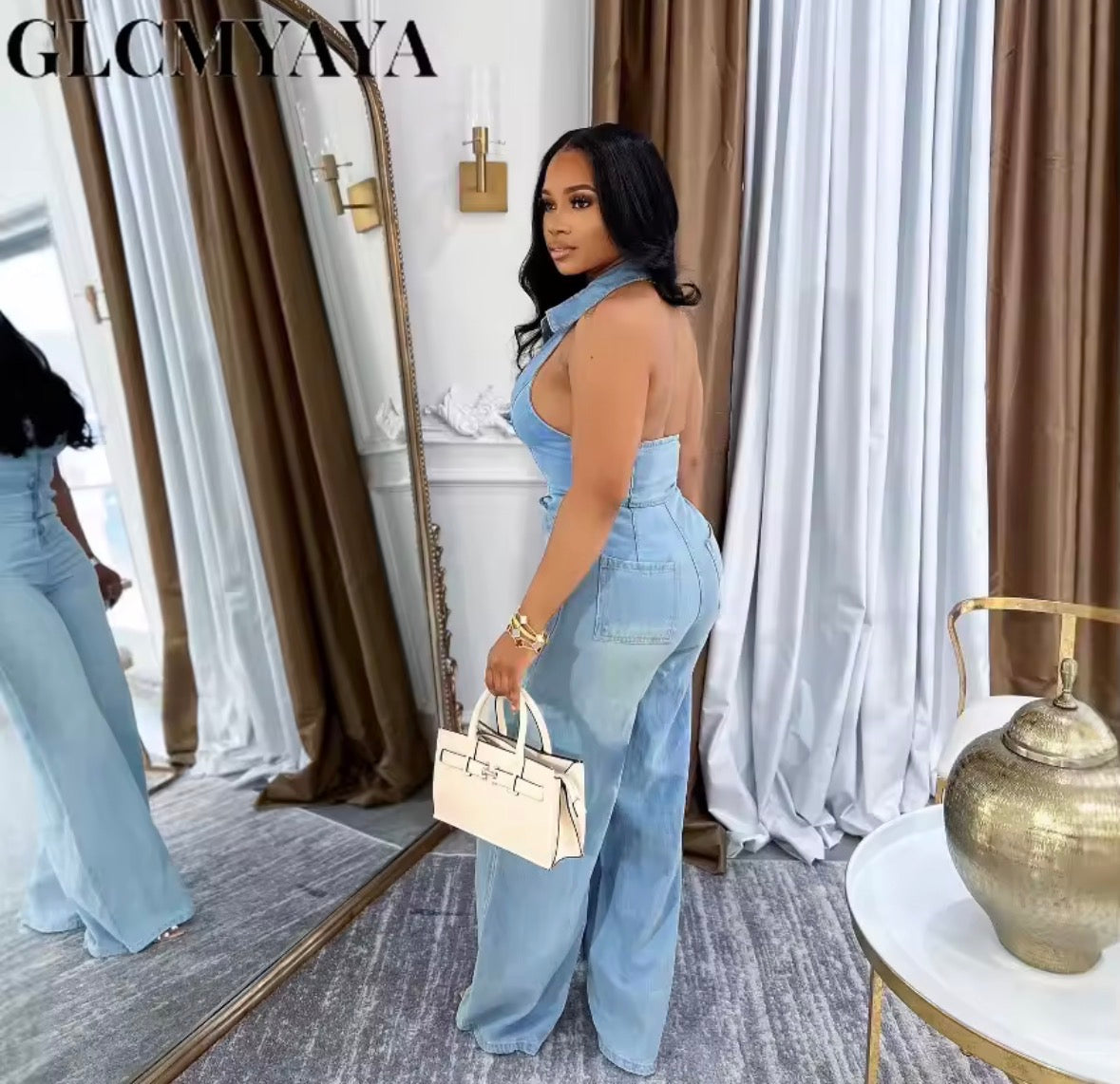 Women’s 2 pc denim vest button up and plain loose jeans