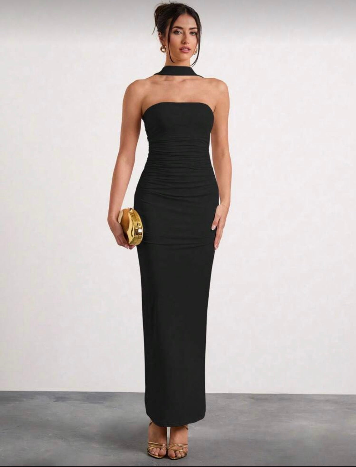 Glamine shoulder ruched halterneck solid colour dress for women