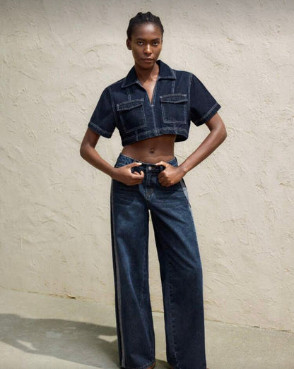 Women’s dark blue denim multi pocket cropped shirt