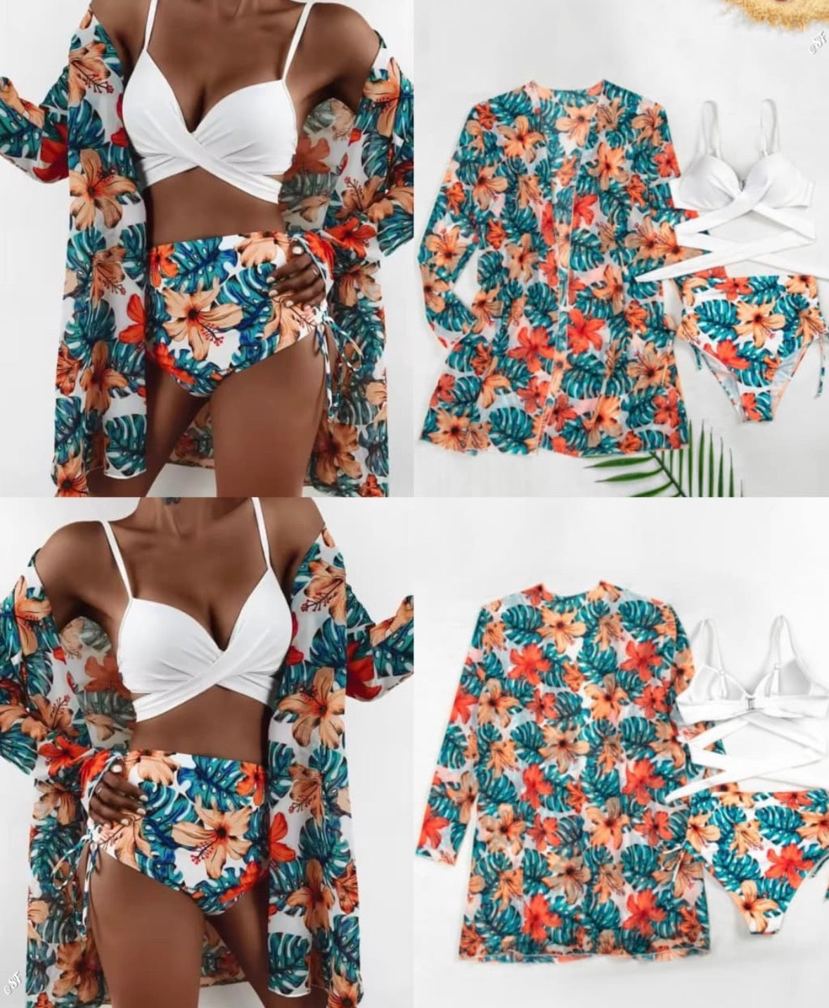 Women’s 3 pc white bikini dark green coat and mini shorts swimwear