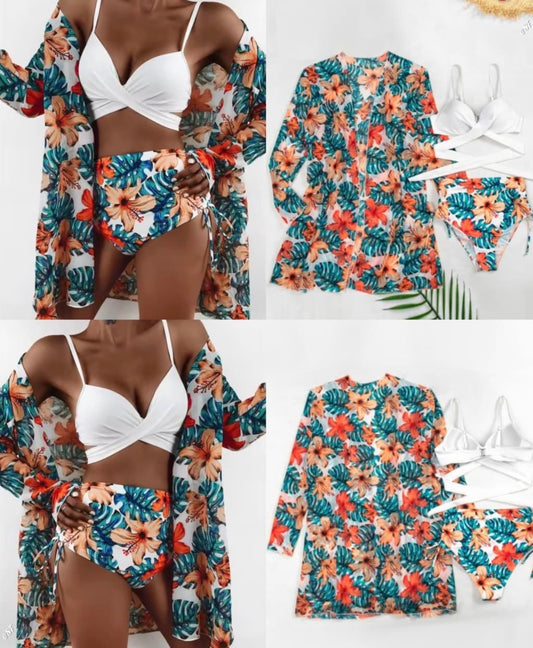 Women’s 3 pc white bikini dark green coat and mini shorts swimwear