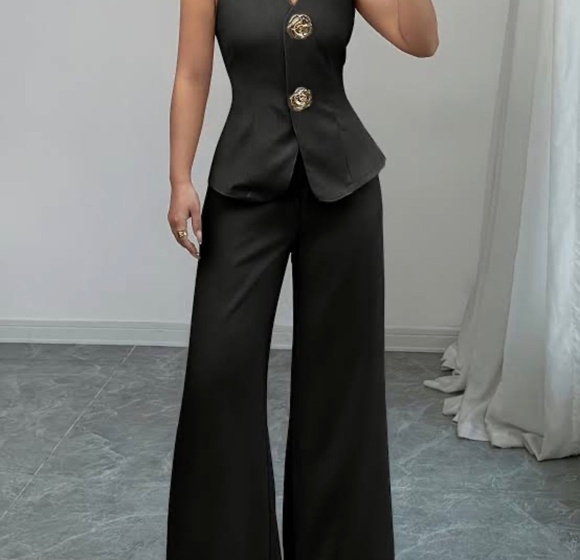 Women’s elegant 2 pc 2 button sleeveless vest and wide leg pants