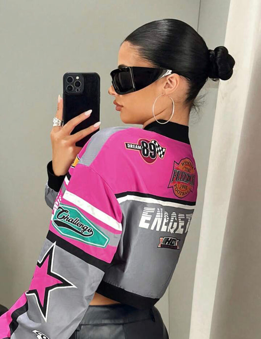 Pink cropped zip printed graphic jacket for women