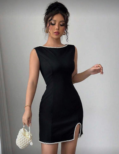 Women’s black solid colour design pearl bottom and neck line dress