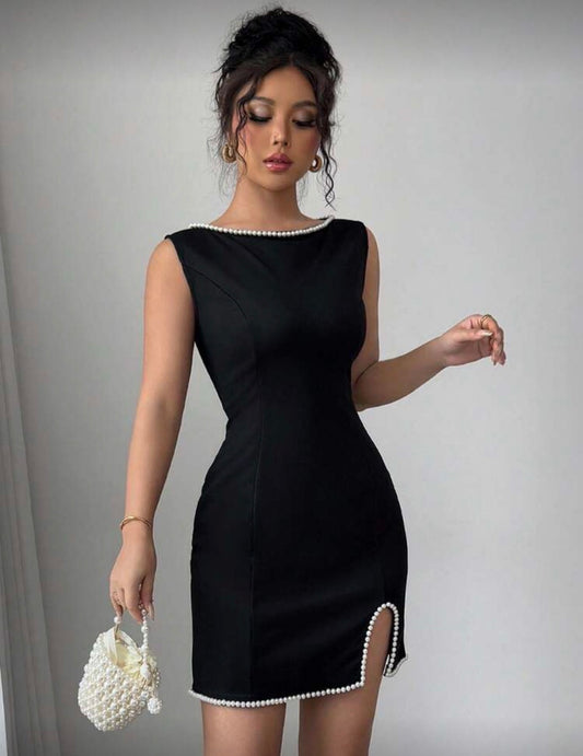 Women’s black solid colour design pearl bottom and neck line dress