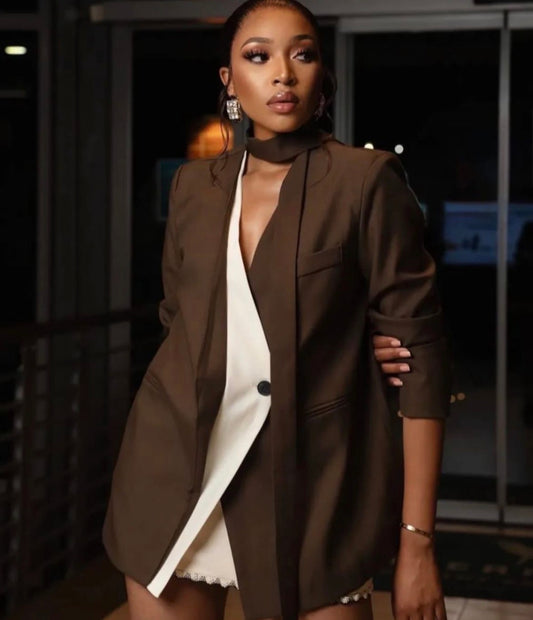 Women’s brown elegant pocket long bold tie blazer