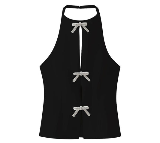Women’s elegant vest front bow rhinestone halter top