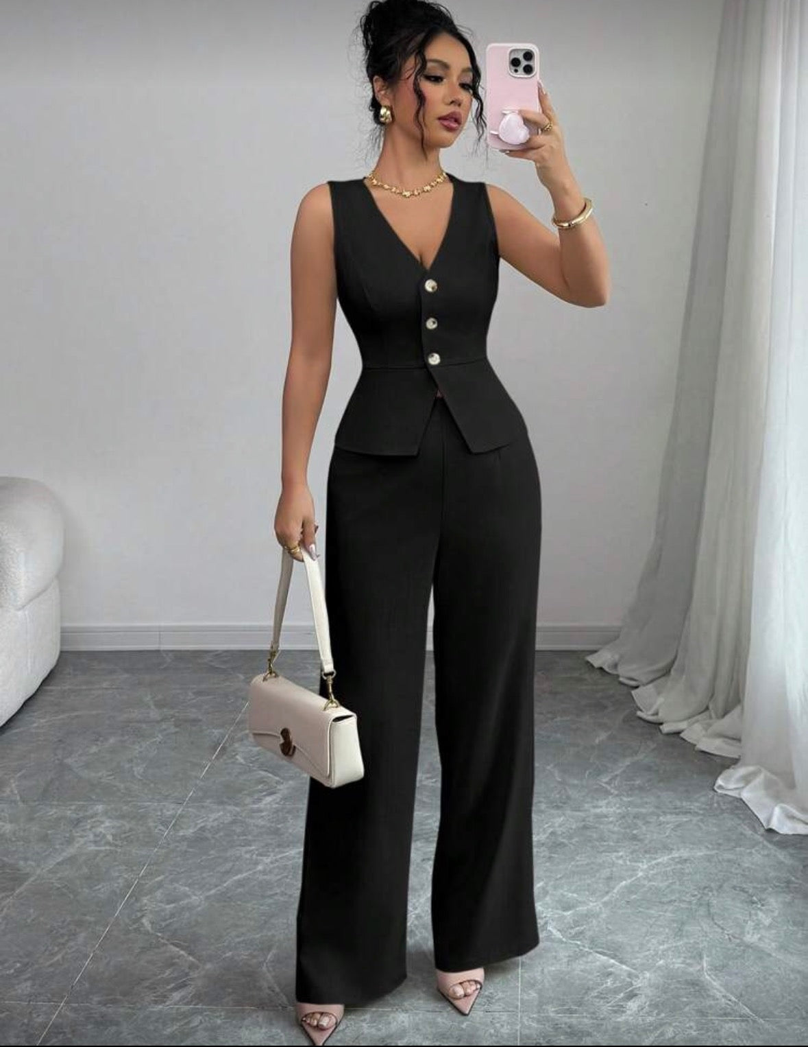 Women’s elegant solid colour button vest and loose pants