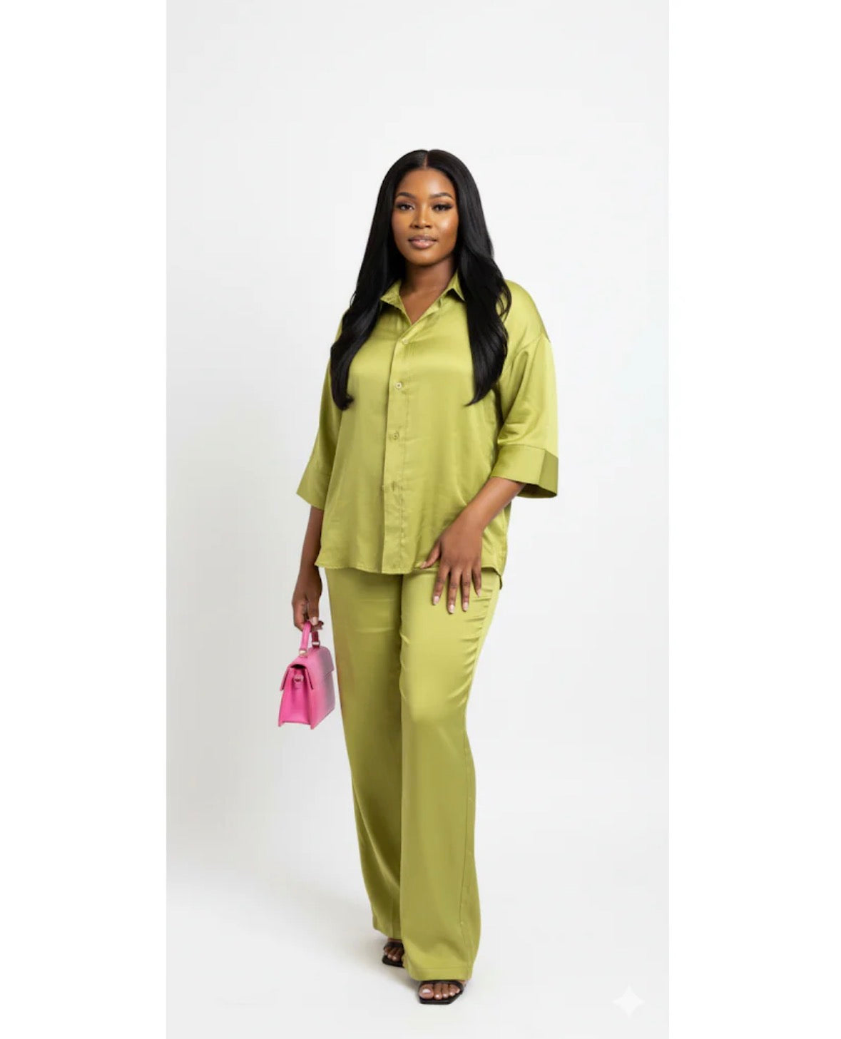 Solid colour 2 pc medium sleeve button shirt and loose pants