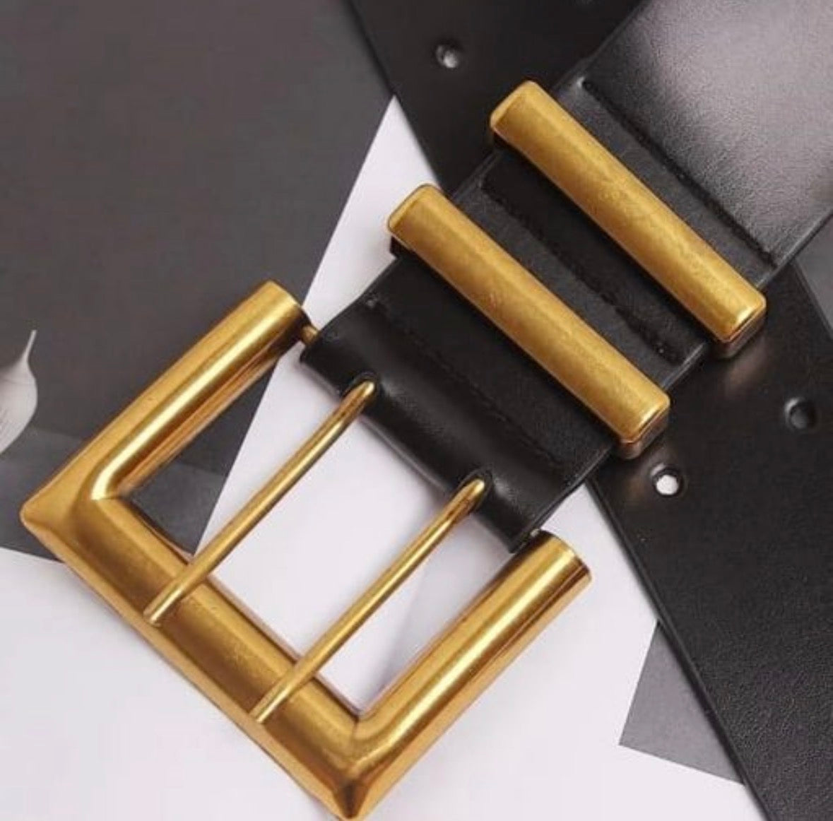 Womens Leather black belt with gold buckle