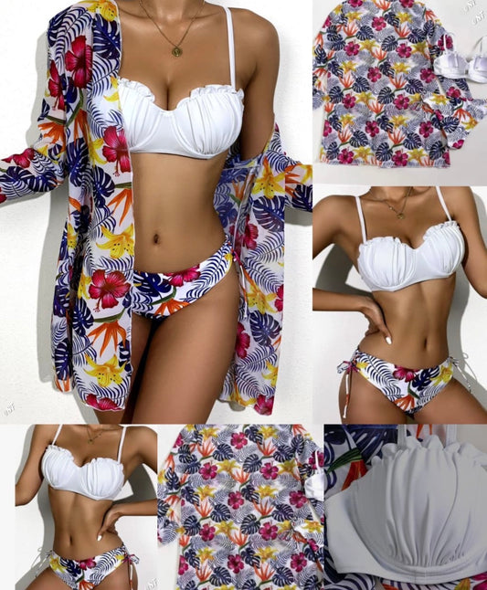 Women’s 3 pc white bikini sexy multi colour coat and underwear 3 pc swimwear