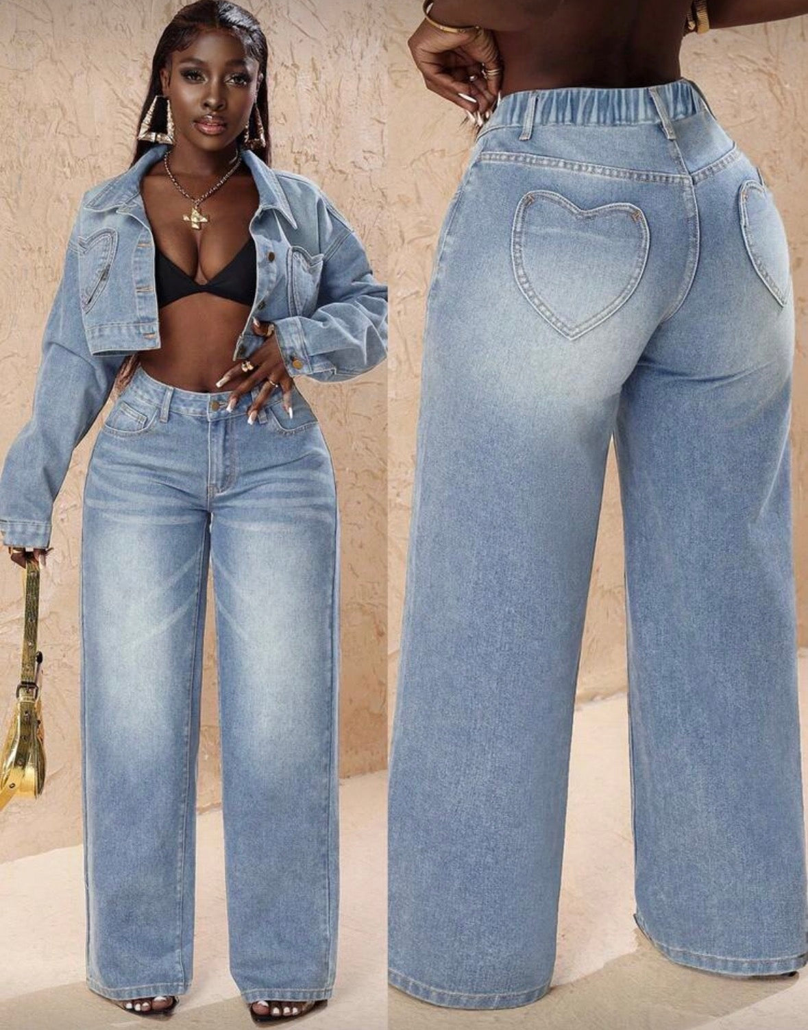 High waist light wash blue denim heart loose pocket jeans