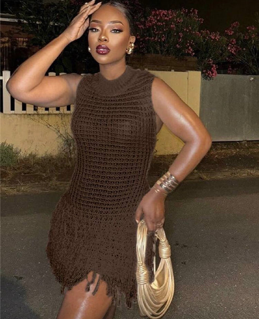 Autumn Women's Fashion Sexy Sleeveless Tassel Hollow Out Fitted Elegant brown knit Dress