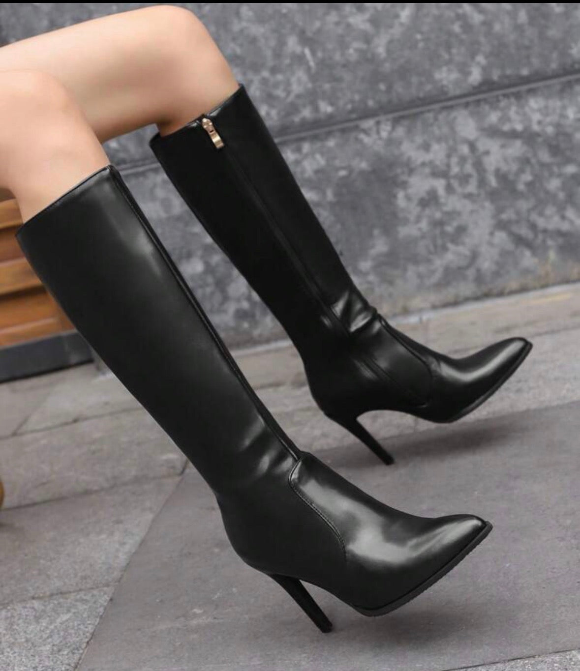 Black Pointed Toe Thigh High Boots With Side Zipper, PU Leather Sock Boots, Basic Women Boots