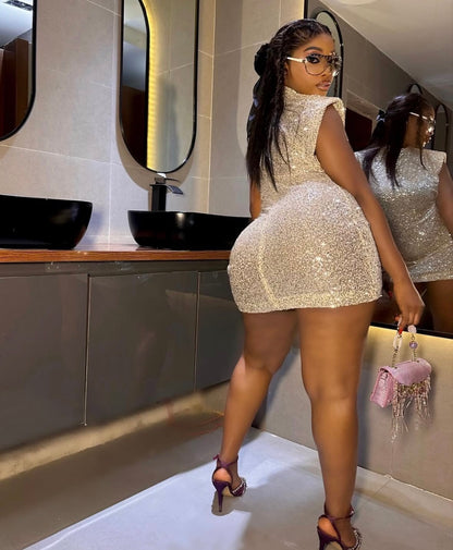 Women’s rhinestone decor sleeveless elegant short outerwear dress