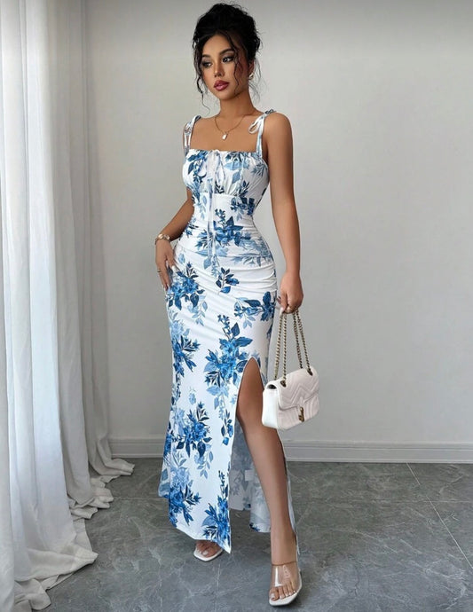 Summer open leg sleeveless strap on flower dress for women