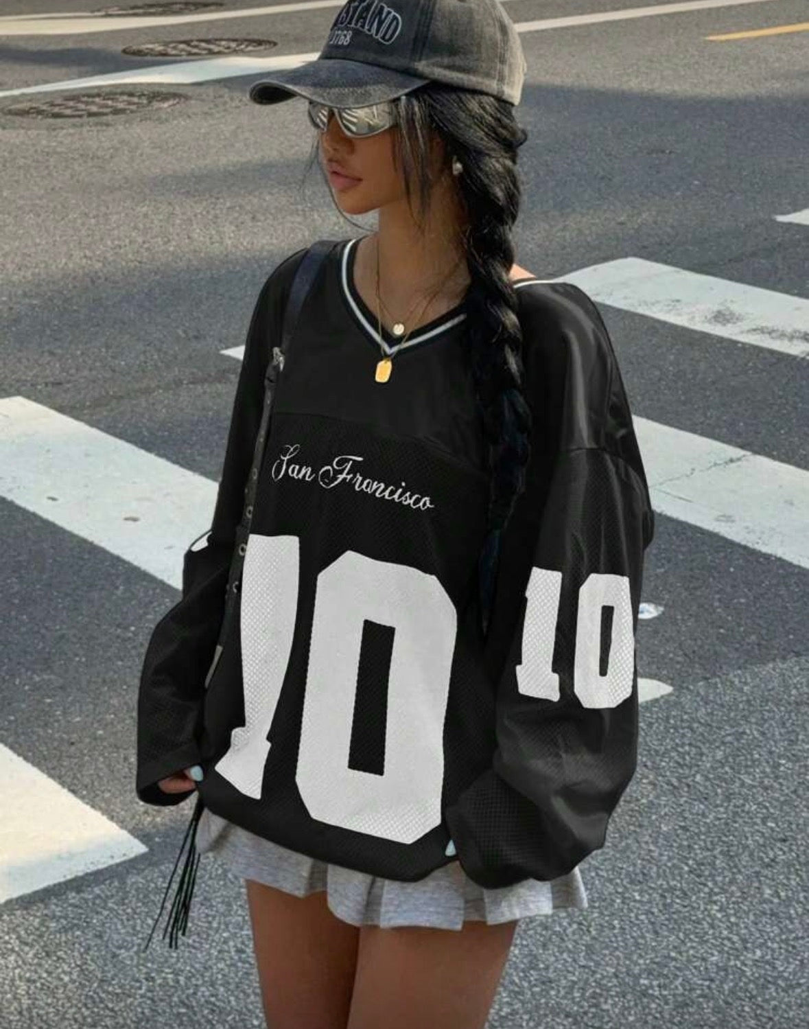 Women’s v neck long sleeve street baggy long sleeve t shirt jersey