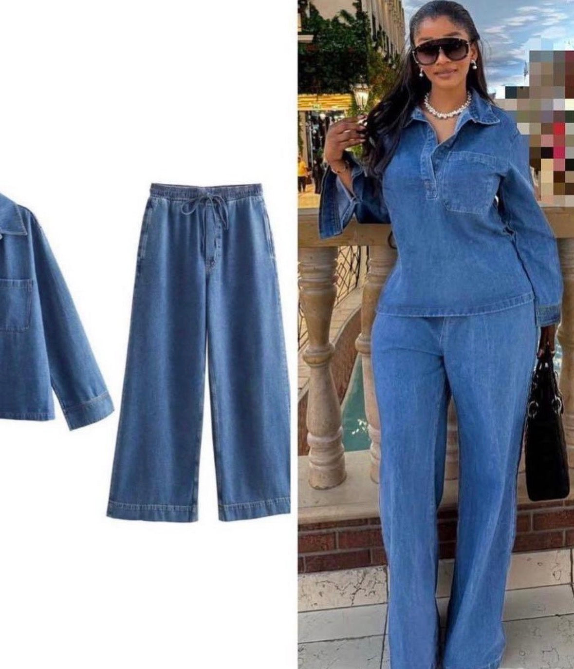 Women’s elegant 2 piece denim jeans and long sleeve button up shirt