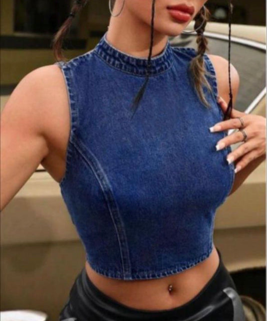 Women’s cute stylish round neck cropped denim top