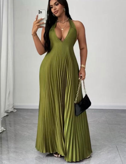 Women’s green solid colour stripes backless sleeveless long dress